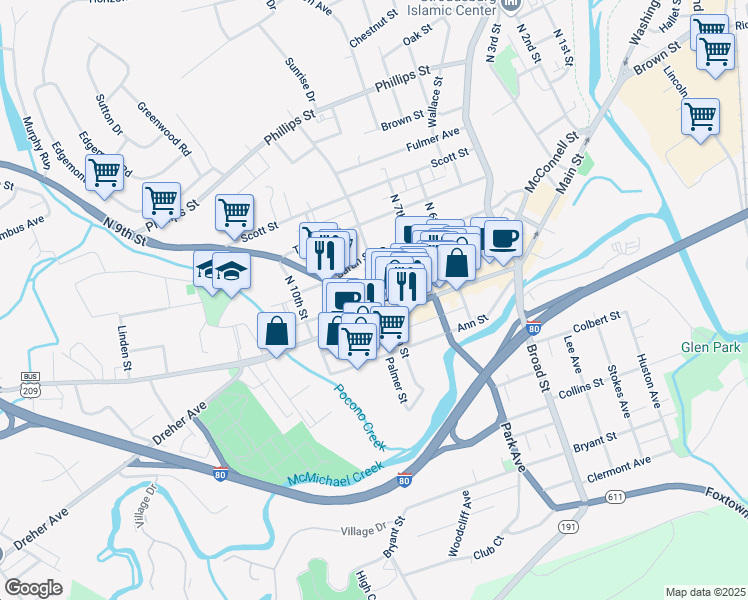 map of restaurants, bars, coffee shops, grocery stores, and more near 804 Main Street in Stroudsburg