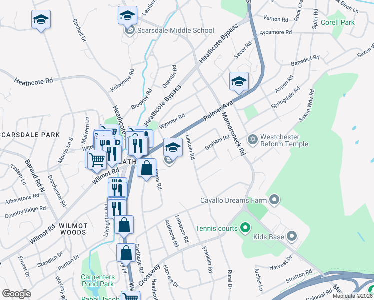 map of restaurants, bars, coffee shops, grocery stores, and more near 17 Lincoln Road in Scarsdale