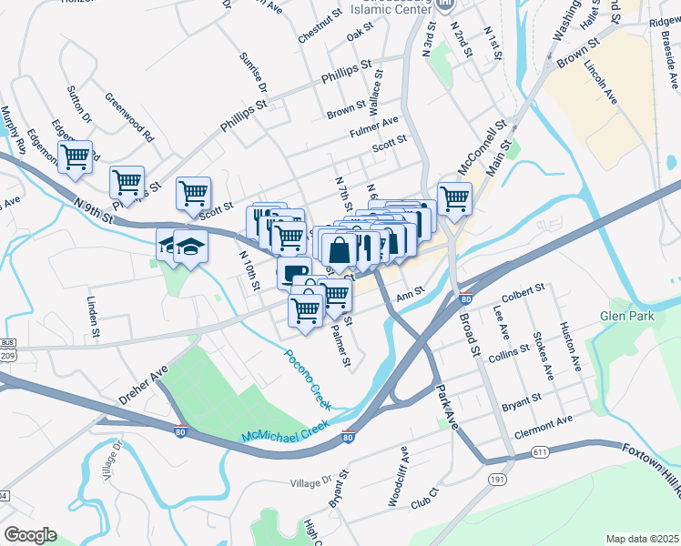 map of restaurants, bars, coffee shops, grocery stores, and more near 756 Main Street in Stroudsburg