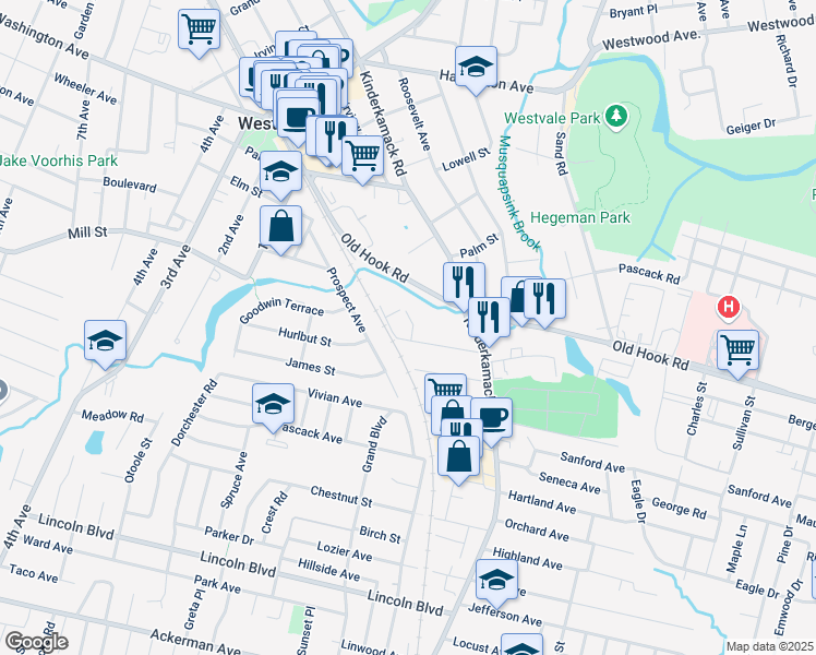 map of restaurants, bars, coffee shops, grocery stores, and more near 19 Brookline Avenue in Westwood