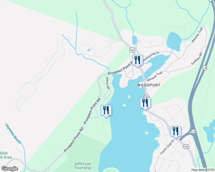 map of restaurants, bars, coffee shops, grocery stores, and more near 67 Shore Road in Jefferson