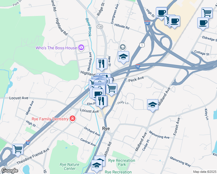 map of restaurants, bars, coffee shops, grocery stores, and more near 2 2nd Street in Rye