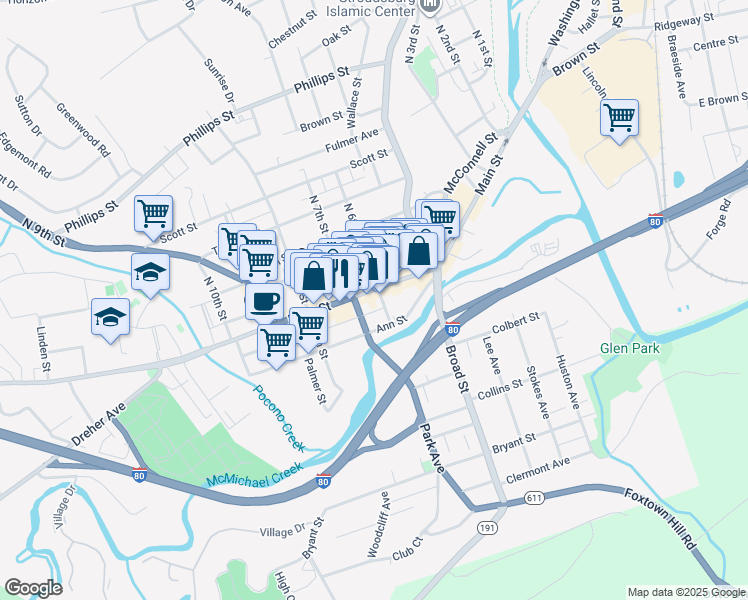 map of restaurants, bars, coffee shops, grocery stores, and more near 636 U.S. 209 Business in Stroudsburg