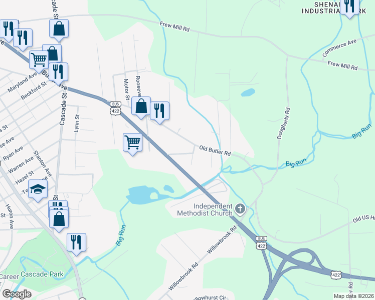 map of restaurants, bars, coffee shops, grocery stores, and more near 1535 Old Butler Road in New Castle