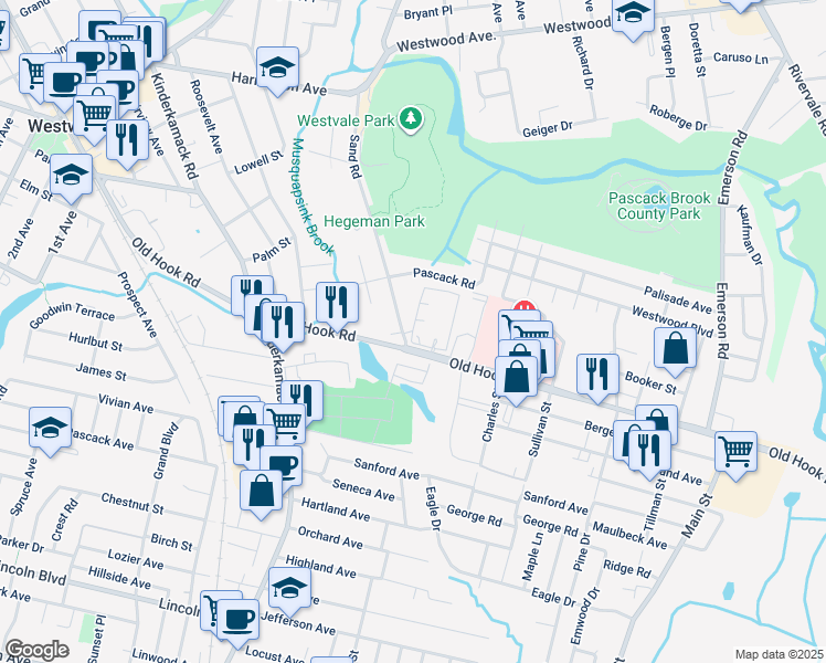 map of restaurants, bars, coffee shops, grocery stores, and more near 7413 Cenrose Circle in Westwood