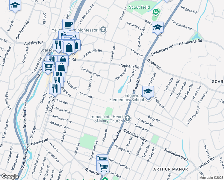 map of restaurants, bars, coffee shops, grocery stores, and more near 66 Lockwood Road in Scarsdale
