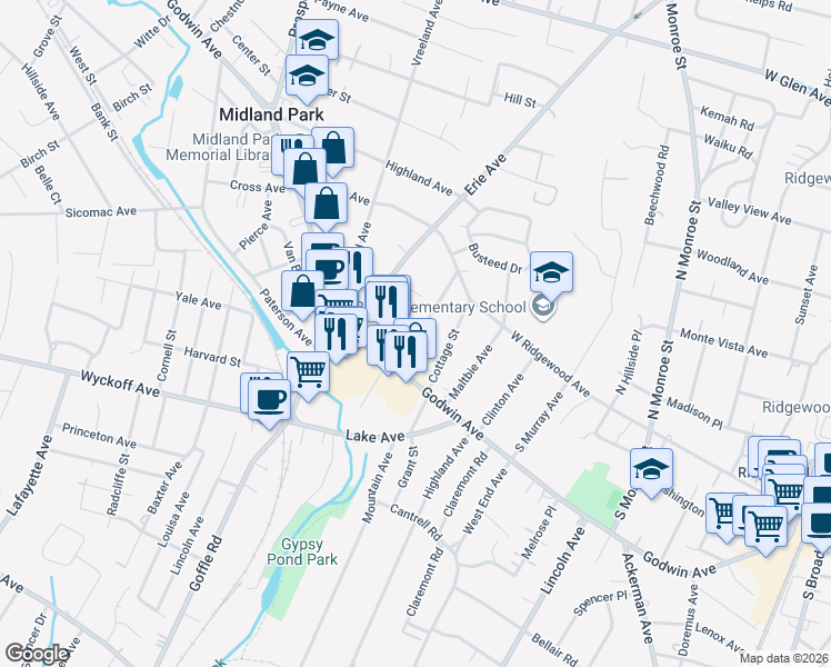 map of restaurants, bars, coffee shops, grocery stores, and more near 57 Rea Avenue in Midland Park