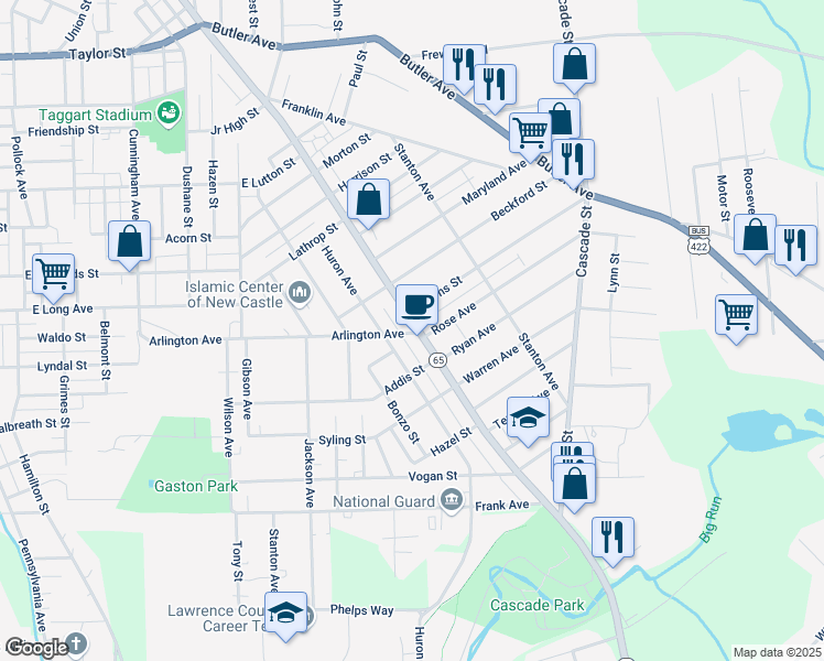 map of restaurants, bars, coffee shops, grocery stores, and more near 1312 East Washington Street in New Castle