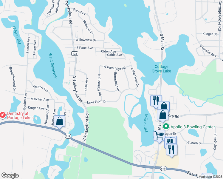 map of restaurants, bars, coffee shops, grocery stores, and more near 220 Acme Drive in Akron