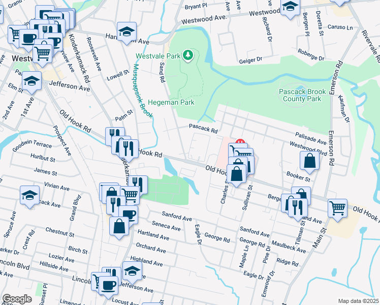 map of restaurants, bars, coffee shops, grocery stores, and more near 7101 Cenrose Circle in Westwood