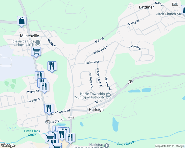 map of restaurants, bars, coffee shops, grocery stores, and more near 158 Saint Angela Drive in Hazleton