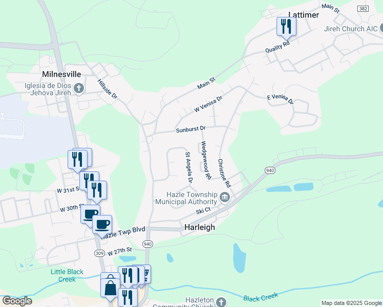 map of restaurants, bars, coffee shops, grocery stores, and more near 158 Saint Angela Drive in Hazleton