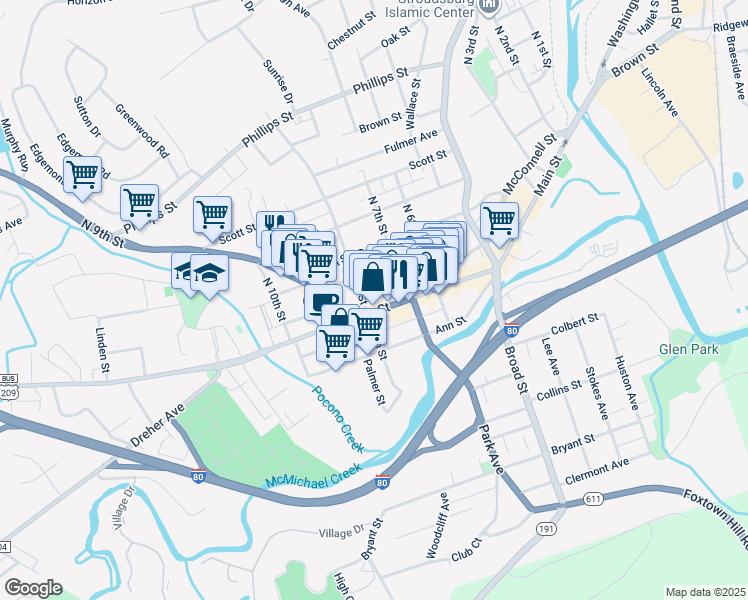 map of restaurants, bars, coffee shops, grocery stores, and more near 756 Main Street in Stroudsburg