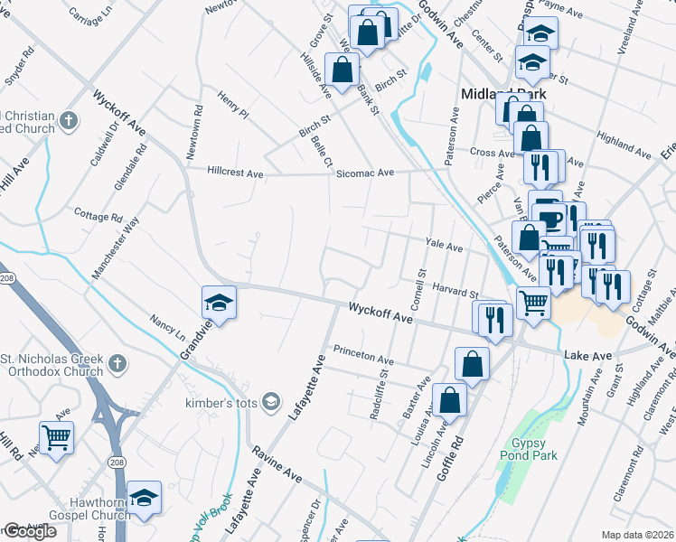 map of restaurants, bars, coffee shops, grocery stores, and more near 102 Mary Ann Lane in Wyckoff