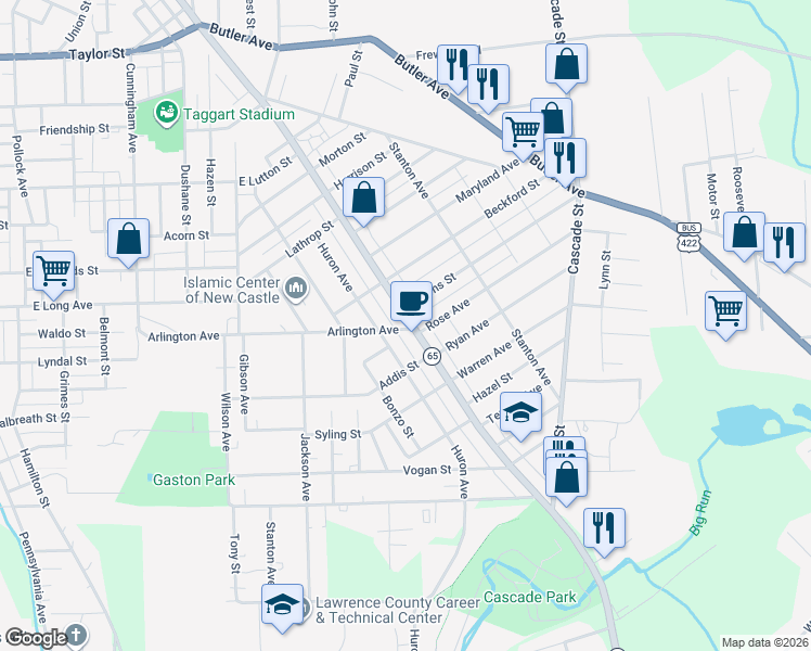 map of restaurants, bars, coffee shops, grocery stores, and more near 1312 East Washington Street in New Castle