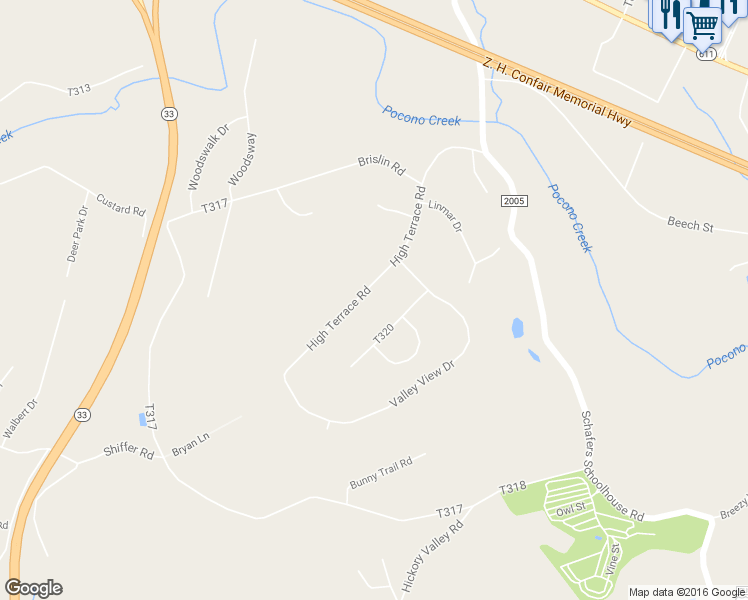 map of restaurants, bars, coffee shops, grocery stores, and more near 5105 High Terrace Road in Stroudsburg