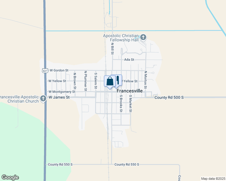 map of restaurants, bars, coffee shops, grocery stores, and more near 102 East Montgomery Street in Francesville