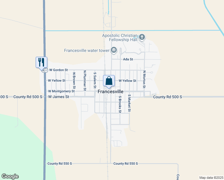 map of restaurants, bars, coffee shops, grocery stores, and more near 102 East Montgomery Street in Francesville