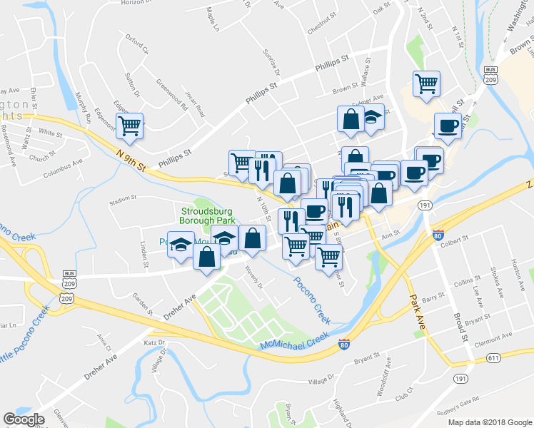 map of restaurants, bars, coffee shops, grocery stores, and more near 50 North 10th Street in Stroudsburg