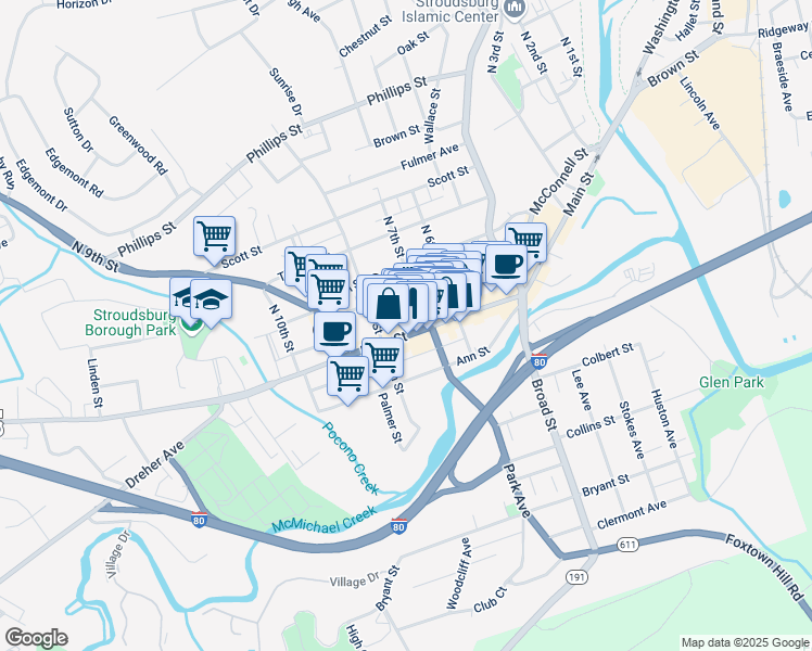 map of restaurants, bars, coffee shops, grocery stores, and more near 726 Main Street in Stroudsburg