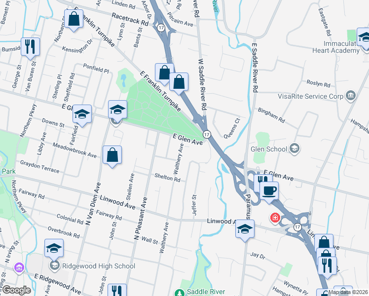 map of restaurants, bars, coffee shops, grocery stores, and more near 642 East Glen Avenue in Ridgewood