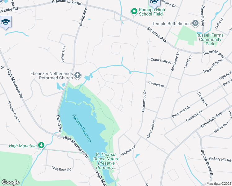 map of restaurants, bars, coffee shops, grocery stores, and more near 2 Rising Trail Lane in Franklin Lakes