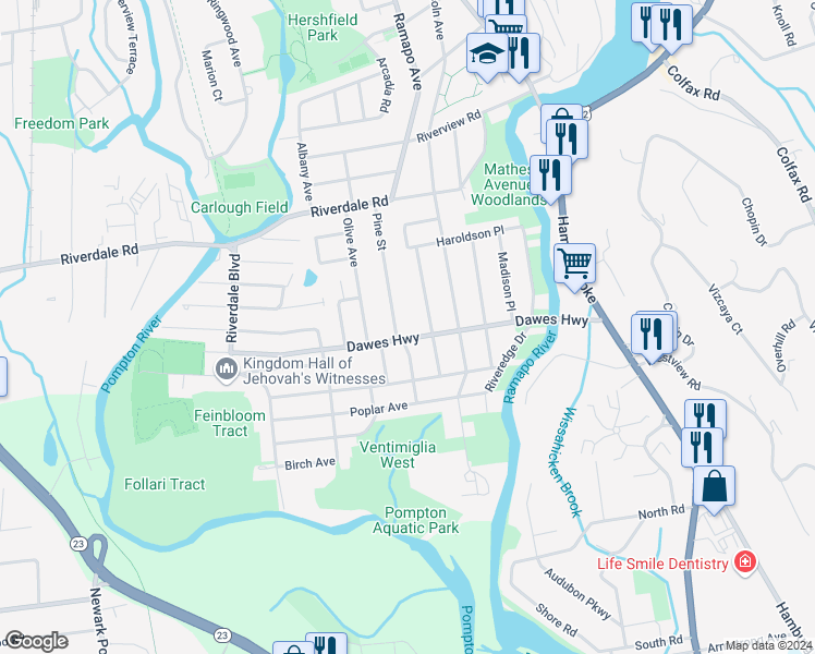 map of restaurants, bars, coffee shops, grocery stores, and more near 191 Pine Street in Pompton Lakes