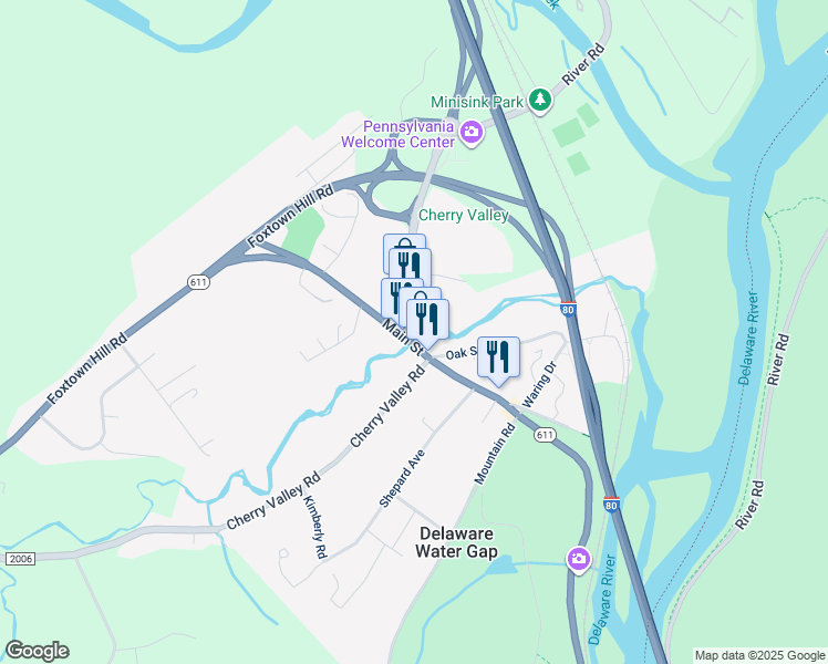 map of restaurants, bars, coffee shops, grocery stores, and more near 1-99 Broad St in Stroudsburg