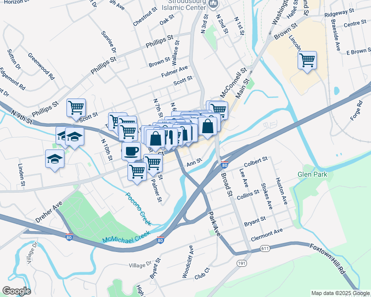 map of restaurants, bars, coffee shops, grocery stores, and more near 636 U.S. 209 Business in Stroudsburg