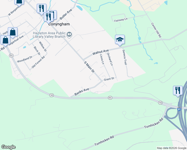 map of restaurants, bars, coffee shops, grocery stores, and more near 69 Main St in Conyngham