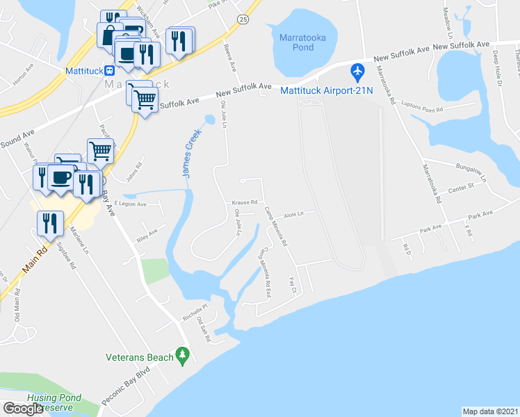 map of restaurants, bars, coffee shops, grocery stores, and more near 550 Krause Road in Mattituck