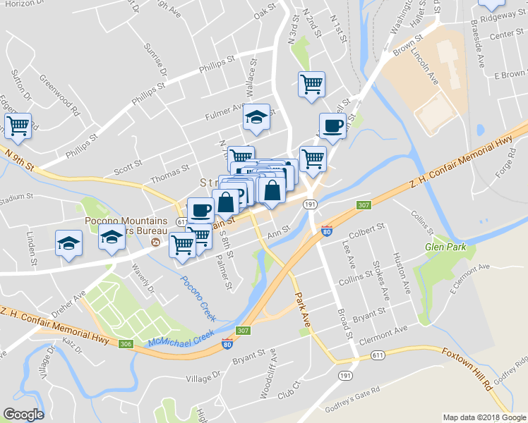 map of restaurants, bars, coffee shops, grocery stores, and more near 611 Main Street in Stroudsburg