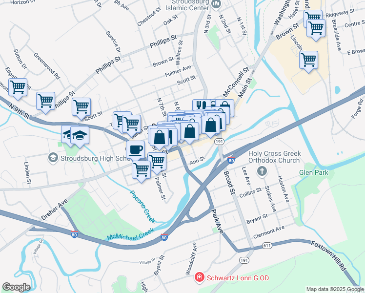 map of restaurants, bars, coffee shops, grocery stores, and more near 639 Main Street in Stroudsburg