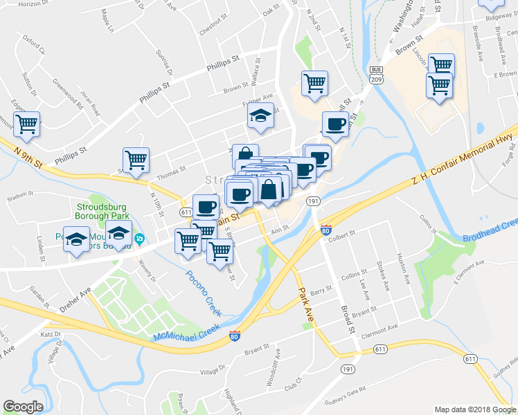 map of restaurants, bars, coffee shops, grocery stores, and more near 630 Main Street in Stroudsburg