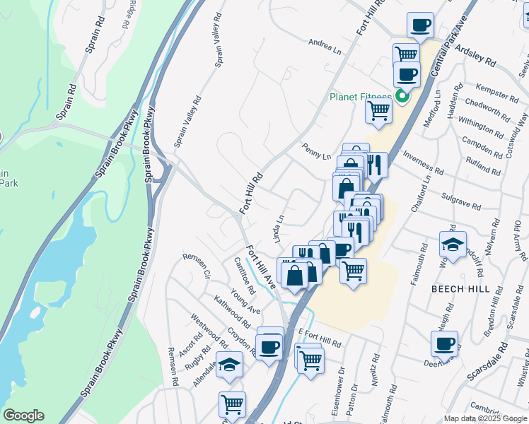 map of restaurants, bars, coffee shops, grocery stores, and more near 7 Skytop Road in Scarsdale
