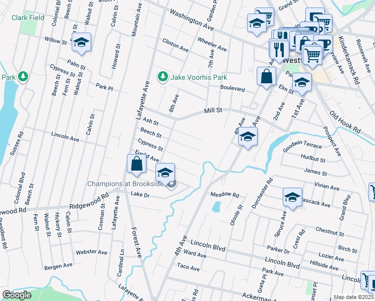 map of restaurants, bars, coffee shops, grocery stores, and more near 42 Beech Street in Westwood