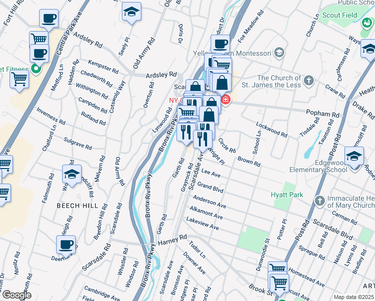 map of restaurants, bars, coffee shops, grocery stores, and more near 138 Garth Road in Scarsdale