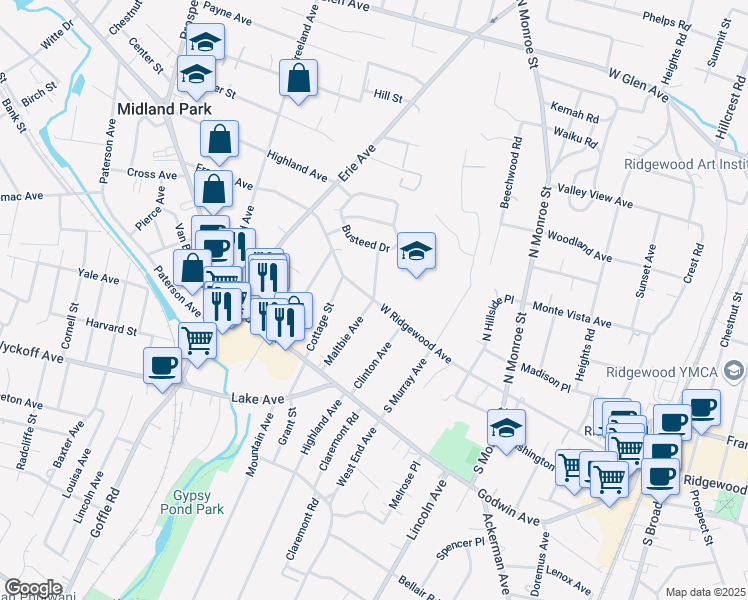 map of restaurants, bars, coffee shops, grocery stores, and more near Franklin Avenue & Maltbie Avenue in Ridgewood