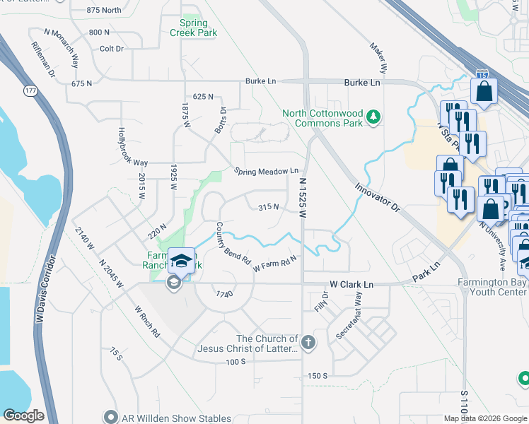 map of restaurants, bars, coffee shops, grocery stores, and more near 1684 1725 West Farm Meadow Road in Farmington