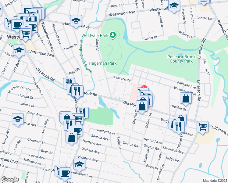 map of restaurants, bars, coffee shops, grocery stores, and more near 4103 Cenrose Circle in Westwood
