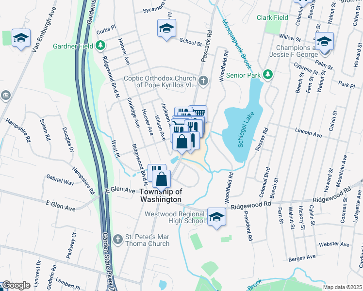 map of restaurants, bars, coffee shops, grocery stores, and more near 300 Pascack Road in Westwood