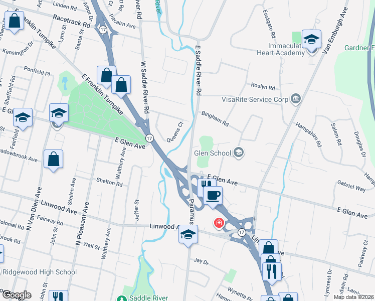 map of restaurants, bars, coffee shops, grocery stores, and more near 456 East Saddle River Road in Ridgewood