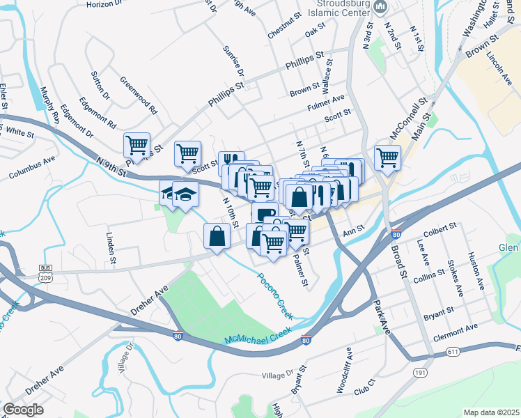 map of restaurants, bars, coffee shops, grocery stores, and more near 828 Monroe Street in Stroudsburg