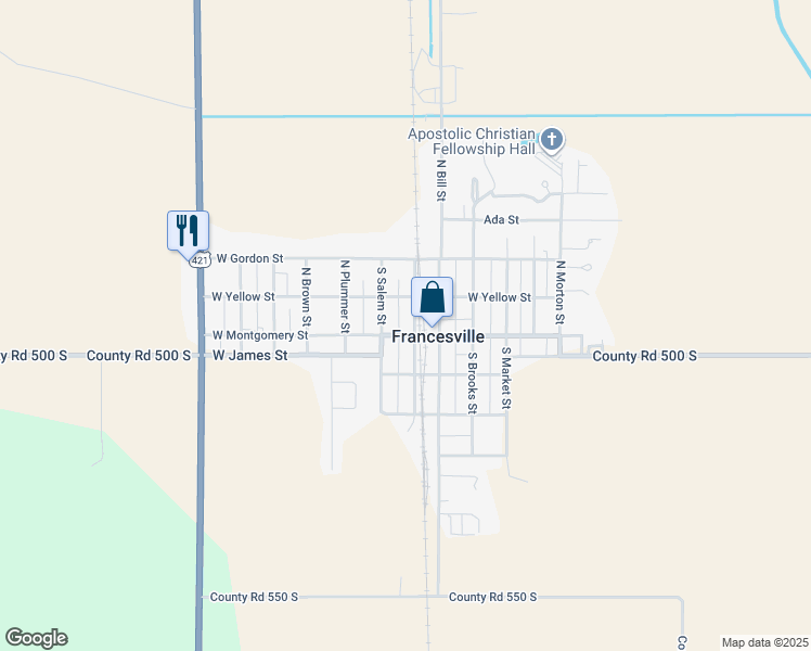 map of restaurants, bars, coffee shops, grocery stores, and more near 122 North Monon Avenue in Francesville