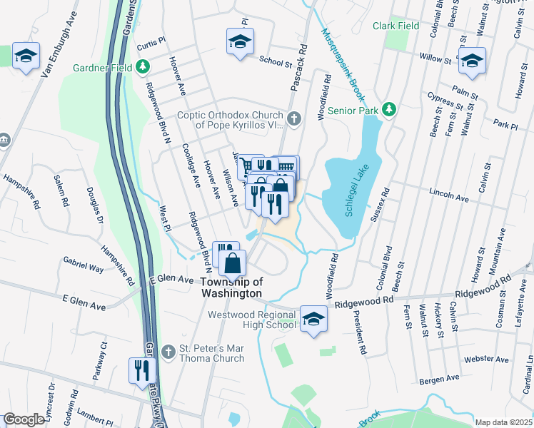 map of restaurants, bars, coffee shops, grocery stores, and more near Pascack Road in Township of Washington