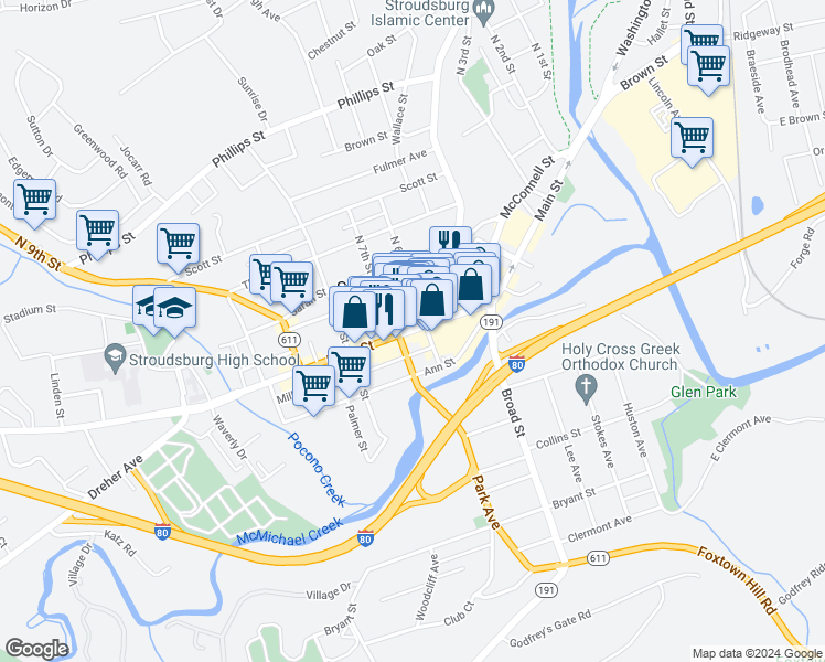 map of restaurants, bars, coffee shops, grocery stores, and more near 621 Main Street in Stroudsburg