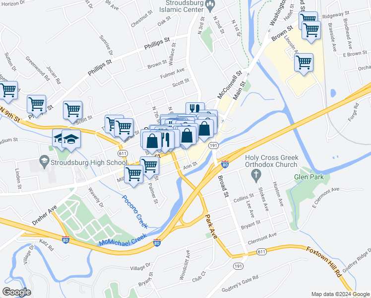 map of restaurants, bars, coffee shops, grocery stores, and more near 585 U.S. 209 Business in Stroudsburg