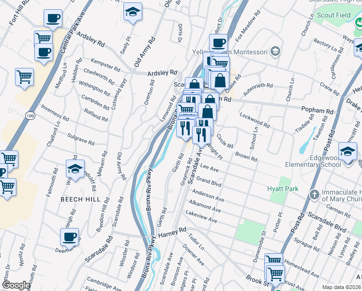 map of restaurants, bars, coffee shops, grocery stores, and more near in Eastchester