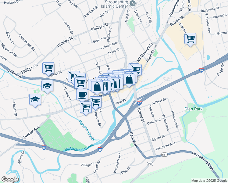 map of restaurants, bars, coffee shops, grocery stores, and more near Main Street in Stroudsburg