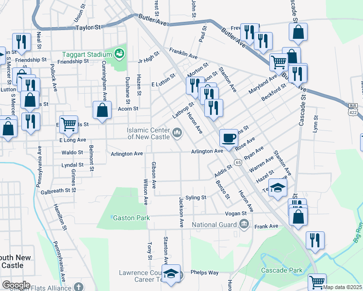 map of restaurants, bars, coffee shops, grocery stores, and more near 1233 Finch Street in New Castle